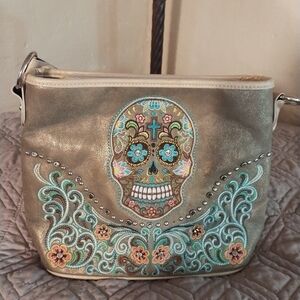 The Pyramid Collection Metallic Gold Shoulder Bag with Turquoise Floral Skull